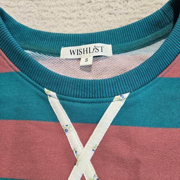 NEW Wishlist Teal Striped T-shirt Floral Contrast Sleeve Oversized Boxy Sz S - Picture 2 of 9